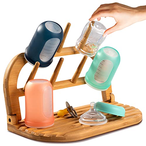 Image of TEYGA Bamboo Baby Bottle Drying Rack Space Saving - Perfect Eco-Style Countertop Baby Bottle Rack Dryer - Water-Resistant Travel Drying Rack for Baby Bottles Accessories, Cups, Pacifiers and More