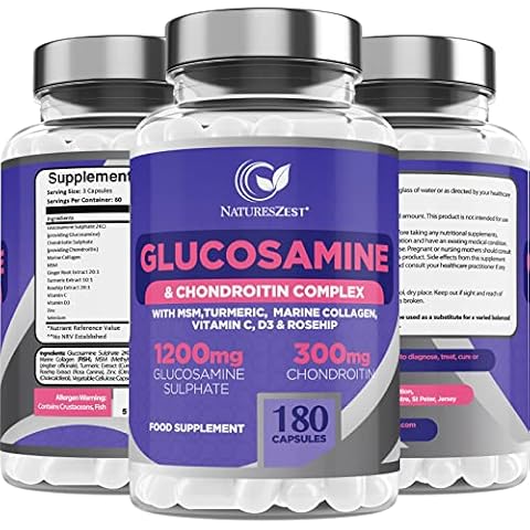 Glucosamine and Chondroitin High Strength Capsules - Glucosamine Complex with MSM - 180 Glucosamine Capsules - with Vitamin C, Rosehip, Turmeric Curcumin & Marine Collagen - UK Made by Natures Zest Cover