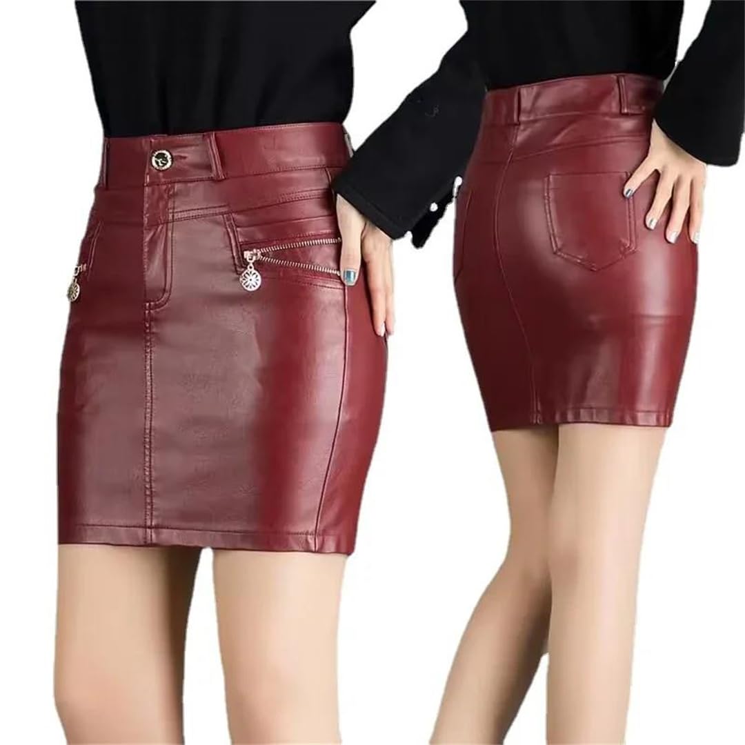 Kelsiop Minigonna da donna in pelle PU a vita alta con cerniera e tasche autunno inverno abbigliamento casual