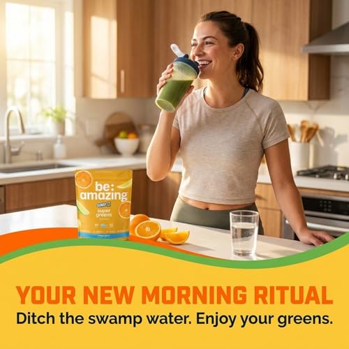 Image of BE AMAZING Super Greens Powder with Prebiotics, Digestive Enzymes & Antioxidants, 35 Fruits & Veggies, Electrolytes & Fiber, Vegan, Gluten Free Juice & Smoothie Mix, Sunny D, 25 Servings