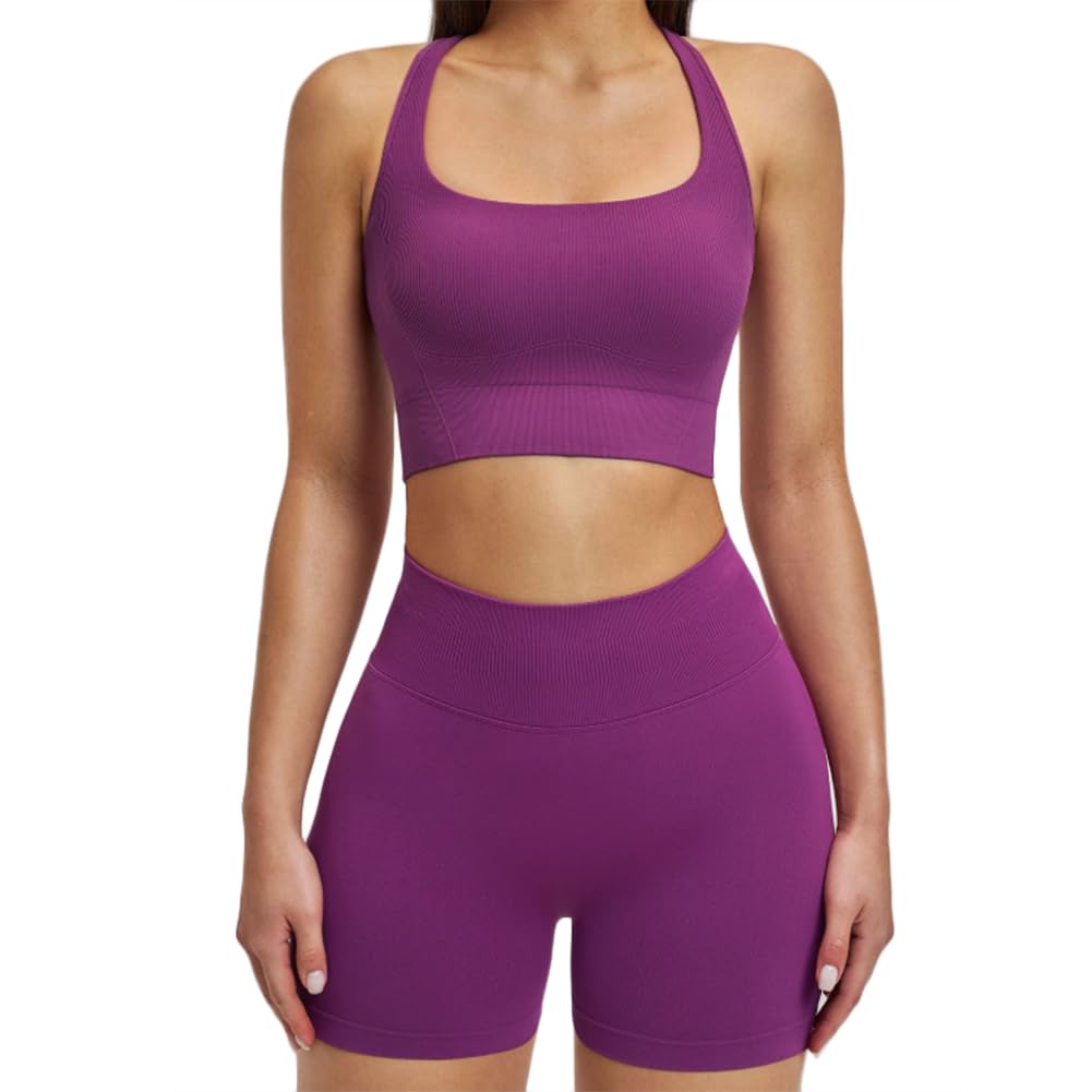 XYFfybhsd Women's Breathable Compression Elastic High Waist Slimming Seamless Sports Bra Shorts Set(Size:M,Color:Purple)