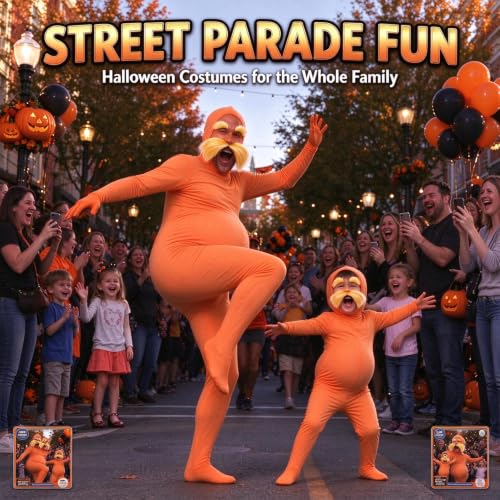 Orange Bodysuit Halloween Costume with Mustache and Belly for Women and Men - image 5