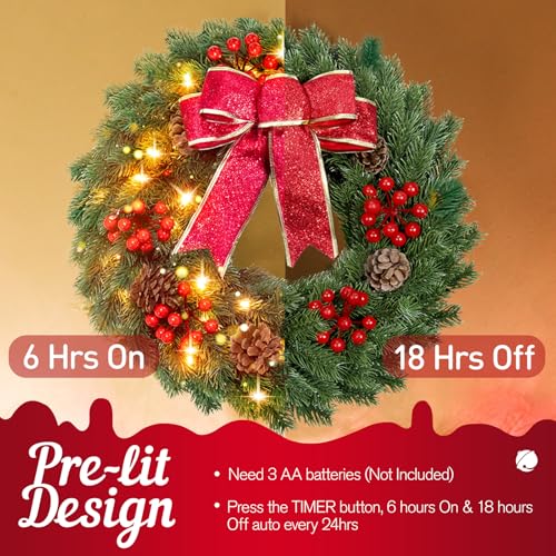 Hocent Christmas Wreaths For Front Door With Hanger & Timer - Pre-Lit Lights 17'' Christmas Wreaths For Windows Decorations With 40 Led Lighted For Mantle Stairs Fireplace Indoor Outdoor Wall thumb #3