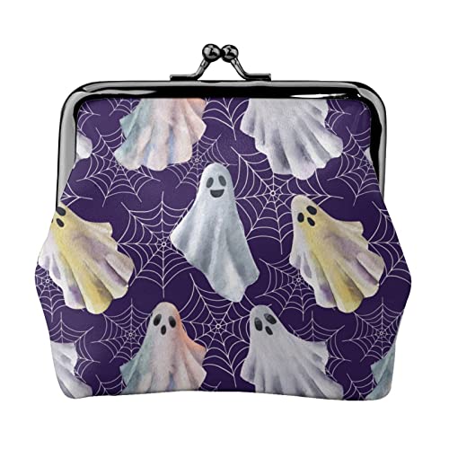 Monedero de Cuero de Las Mujeres púrpuras de la Acuarela del Fantasma de Halloween, pequeña Bolsa de Cambio con el Cierre del Broche del Kiss-Lock Cartera de la Hebilla para el Regalo de la Muchacha