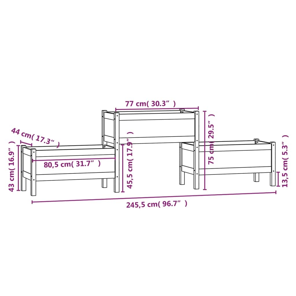 Hochbeet Balkon 245,5 x 44 x 75 cm aus massivem Kiefernholz, Grauer Pflanzkübel mit 3 Etagen für Gemüse und Kräuter, platzsparendes Gartenregal für Terrasse und Wohnzimmer