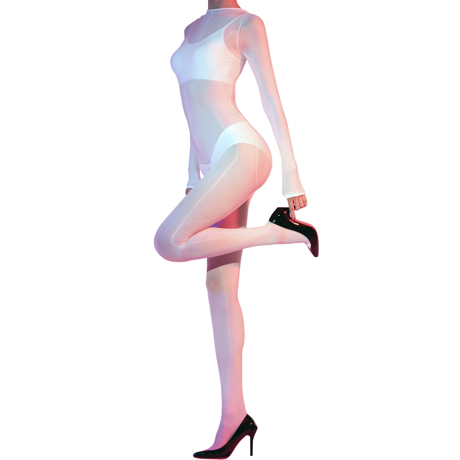 RUIBAVYA Bodystocking Sexy Femme Collant Brillant Huileux Bodystocking Manches Longues Catsuit Nylon Bodysuit Ouvert Entrejambe Collant Shiny
