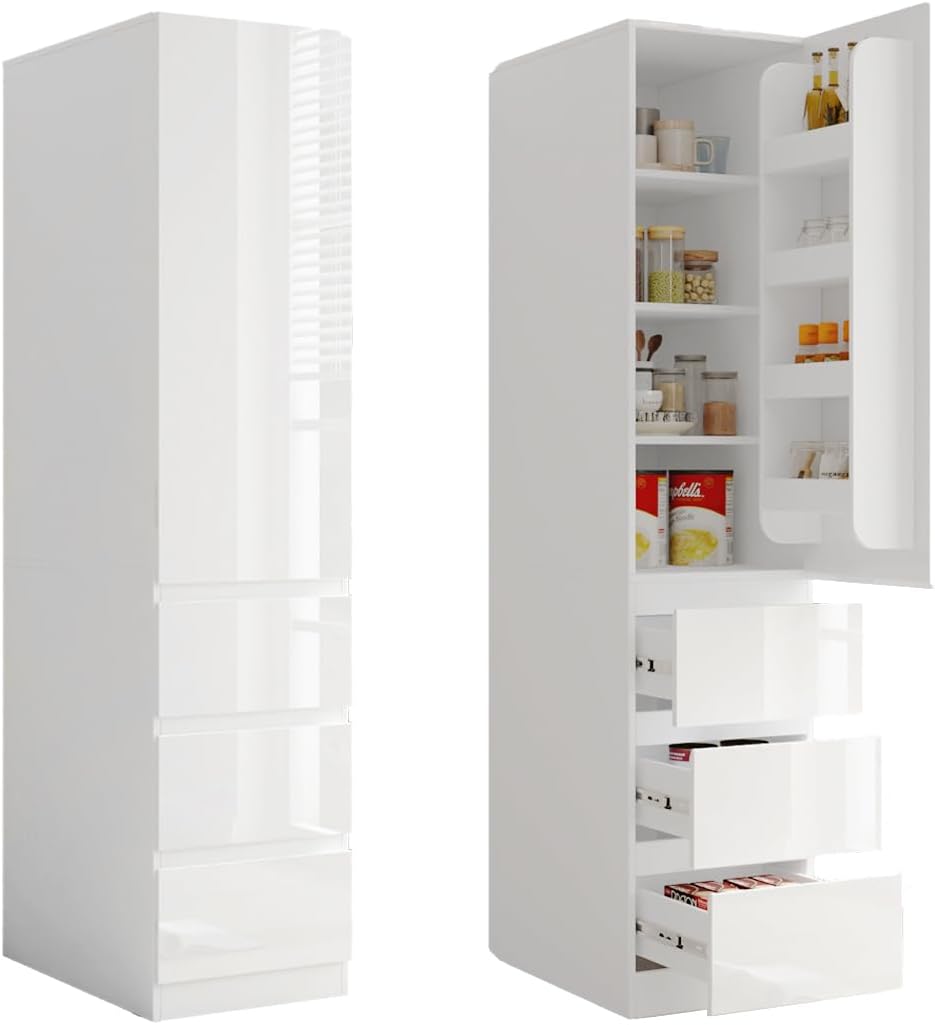 Kitchen Pantry with Storage Cabinet and Single Door, Food Pantry with Spice Racks and Drawers for Kitchen & Living Room (White)