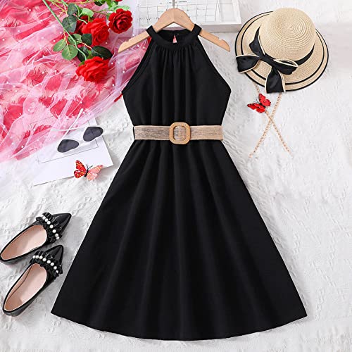 Girl's Midi Dress Halter Neck Cold Shoulder Sleeveless Summer Casual Sundress A-line Dress with Belt for 8or122