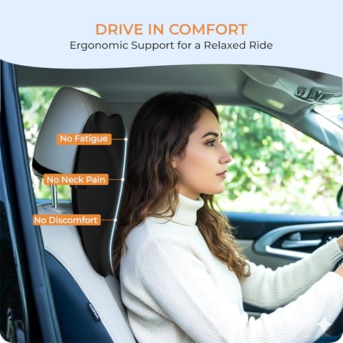 Image of CareFoam Memory Foam Car Neck Pillow for Driving Comfort - Ergonomic Headrest Cushion for Neck & Spine Support - Adjustable Strap, Breathable Washable Cover, Ideal for Long Drives | Black Velvet