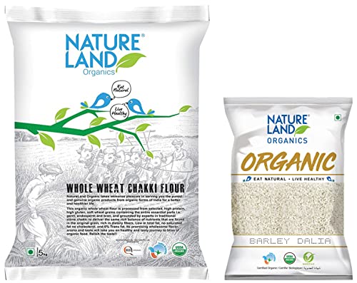 Image of Natureland Organics Barley Dalia 500 Gm (Pack of 4) Total 2Kg - Organic Dalia & Whole Wheat Flour Bag, 5 kg