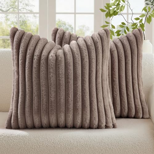 Image of decorUhome Fall Cozy Faux Fur Throw Pillow Covers 18x18 Set of 2 Decorative Soft Plush Striped Modern Farmhouse Boho Couch Pillow Cases with Velvet Back for Sofa Bed Living Room, Light Coffee