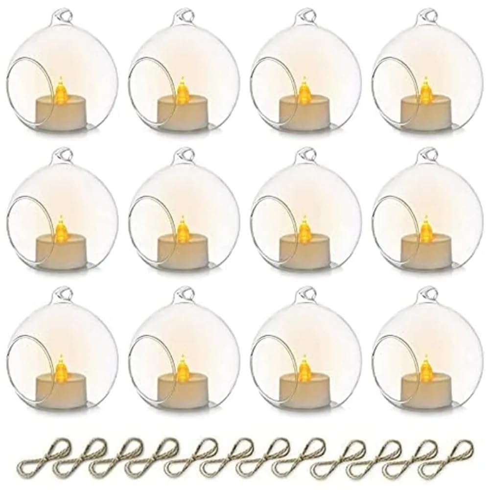 CTRLZS 12PCS 6CM Round Hollow Glass Hanging Stand Candle Holder Wedding Art Decoration Table Lantern with Electronic Candles
