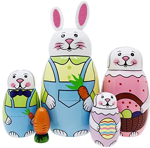 Kakeah Cute Cartoon Rabbit Nesting Dolls Wooden Matryoshka Russian Doll Handmade Stacking Toy Set 5 Pieces for Kids
