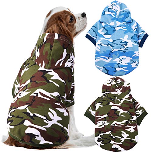 2 Pieces Camo Dog Hoodie Camouflage Pet Hoodie Green and Blue Camo Dog Clothes for Small Medium Dogs Wearing in Spring Fall Winter