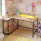Bestier パソコンデスク L字 幅122cm l字デスク コンセント&モニター台付き ゲーミングデスク LED付き 机 pcデスク L字型 収納 ラック付き 左右組み換え可能 棚高さ調節可能 勉強机 リモートワーク ゲーム 書斎...