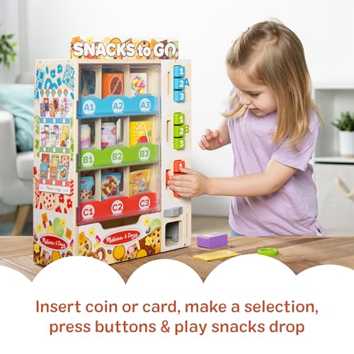 Image of Melissa & Doug Wooden Vending Machine Play Set | 19 Pieces, Wooden Vending Machine, Double-Sided Pretend Play Food and Drinks, Coins, Menu, Preschool Toys for Kids, Ages 3+
