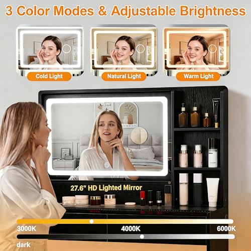Image of Vanity Desk with Mirror and Lights, Makeup Vanity Table with Glass Top, RGB Light Strip, Adjustable Brightness, 2 Storage Drawers, Black Beauty Station for Women and Teen Girls