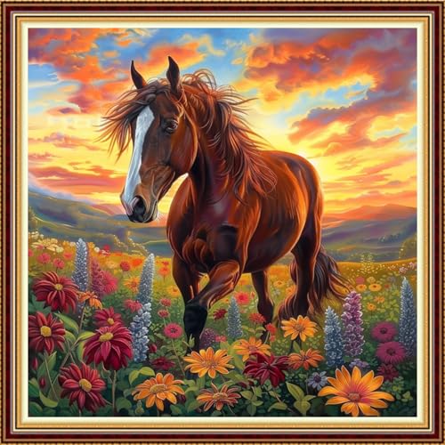 Image of Fanxvivy Stamped Counted Cross Stitch Kits for Adults Printed Cross-Stitch Patterns 11CT Stamped or Counted Cross Stitching Embroidery Kit Needlepoint Kits-Flowers and Horses 18x18 inch