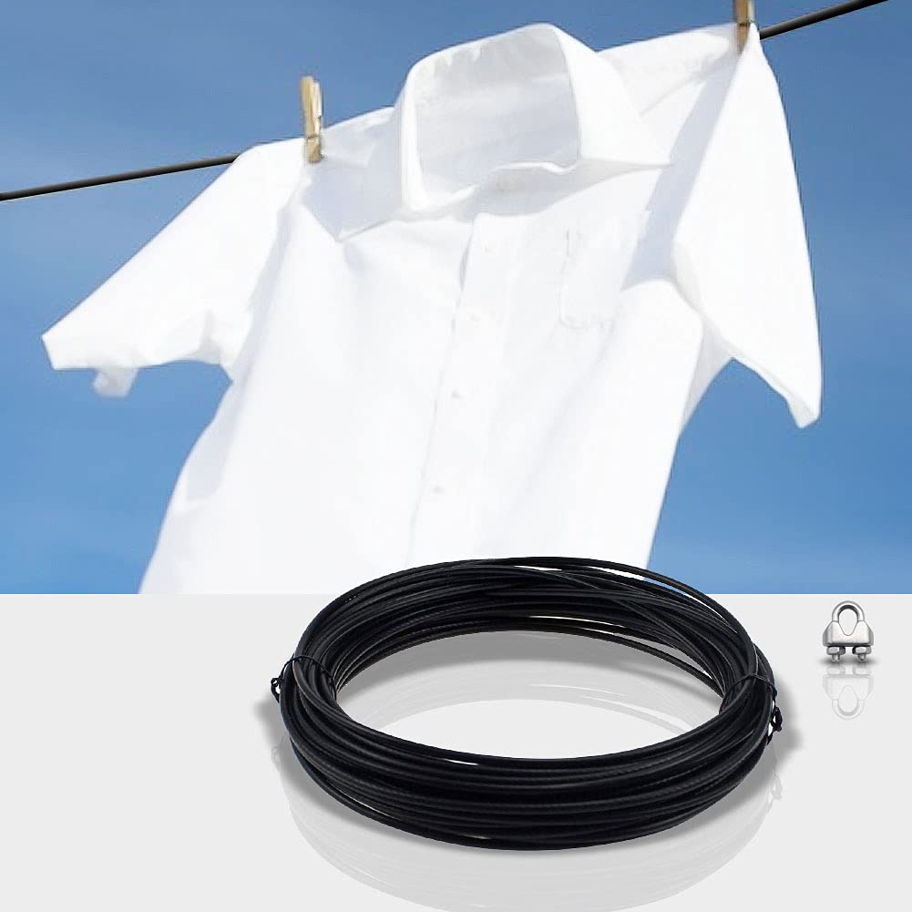 10M Cuerda de Alambre de Acero Inoxidable, Cuerda de Acero de 3 mm con 4 Piezas, Abrazadera de Cable de Alambre M3, Tendedero de Cable de Acero Revestido de Plástico para Colgar Ropa (Negro)