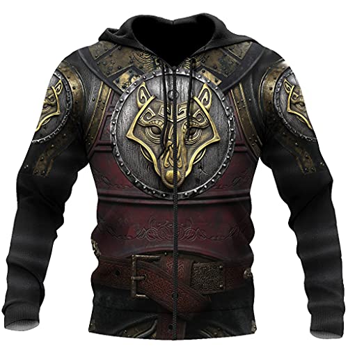 Viking 3D Print Wolf Tattoo Armor Hoody Hoodie, Norse Mythology Fenrir Long Sleeve Pullover Sweatshirt,Zip,5XL