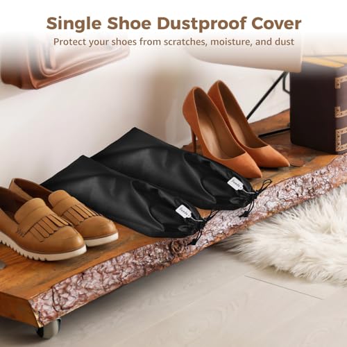 JUSTDOLIFE 14 PCS Shoe Bags for Travel, Portable Black Satin Fabric Shoe Cover for Men and Women, Shoe Bags for Storage, Drawstring Single Leather Shoe Bag with Blank Labels3
