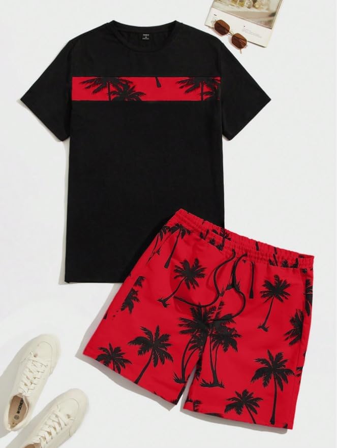 Mens 2 Piece Outfits Hawaiian Printed Short Set Graphic Crewneck Tee Drawstring Sets for Men - Image 2