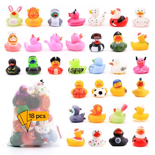 Rubber Duck Toy Assortment - Ducky Playset Bath Toys in Mesh Bag - Jeep Ducks for Ducking - Rubber Duckies for Beach Pool - Goody Bag Stuffers Classroom Prizes 18 Pcs