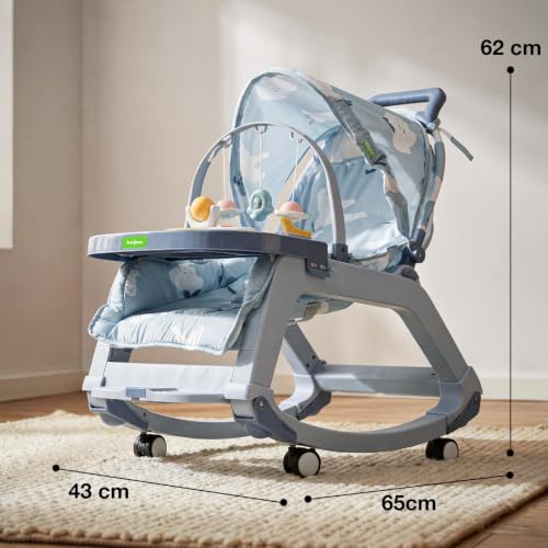 Image of Baybee Baby Rocker & Bouncer Chair for 0-3 Years | Baby Feeding Chair with Push Rocker Mode, Adjustable Canopy, Hanging Toys, 360 Wheels & 3-Point Safety Belt (Blue)