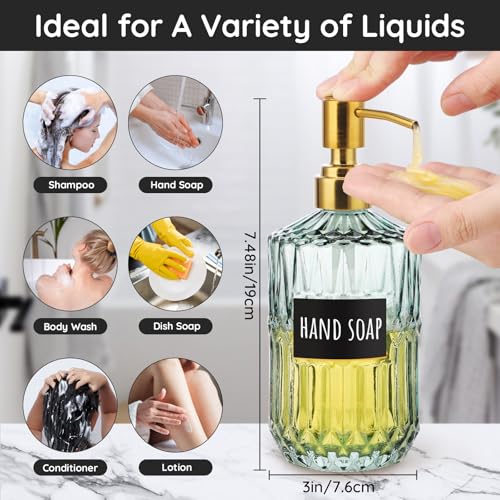 Image of Segbeauty 15.2oz Glass Shampoo and Conditioner Dispenser with Label Stickers, 2pcs Green Glass Soap Dispensers with Stainless Steel Pump, 450ml Lotion Pump Bottle Liquid Containers for Cream Body Wash