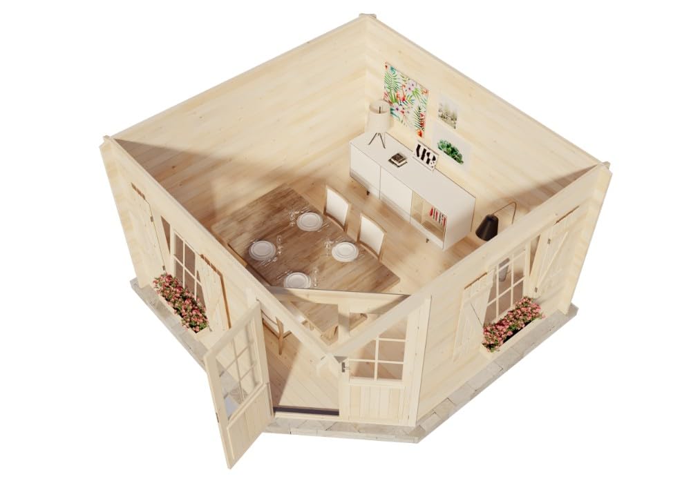 Alpholz 5-Eck Gartenhaus Monica Royal Gartenhaus aus Holz in Grau, Holzhaus mit 28 mm Wandstärke, Blockbohlenhaus mit Montagematerial