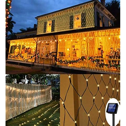 200 LED Solar Net Light, 3M x 2M Mesh Fairy String Lights, 8 Modes Outdoor Weatherproof Curtain Lights, Auto ON/Off Tree Wrap Christmas Decorative Light for Balcony Fence Garden Backyard (Warm White) Cover