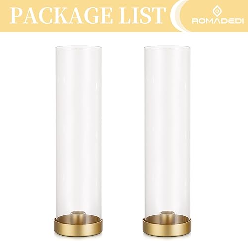 Miniatura 7 de Romadedi Portavelas de cristal de huracán, 12 pulgadas, color dorado transparente, para centro de mesa, boda, fiesta, cumpleaños, Navidad,