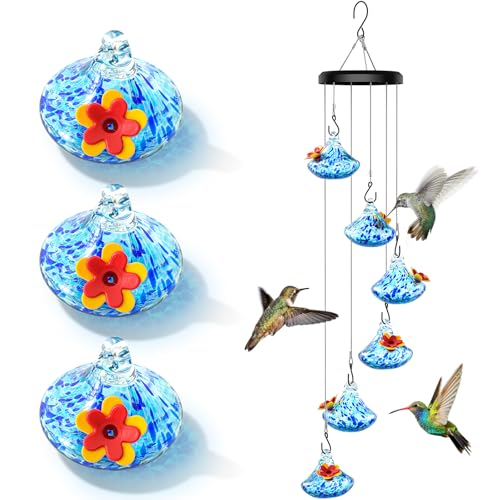 Wind Chime Glass Hummingbird Feeder - 20 Oz Outdoor Hanging Feeder with 6 Ports Attract More Hummingbirds Leak-Proof Design Unique Garden Backyard Decor & Ideal Gift Blue