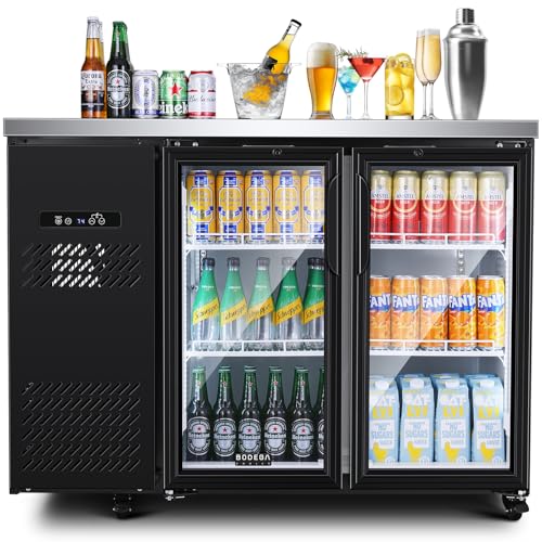 Image of BODEGACOOLER Commercial Back Bar Cooler with 2 Glass Doors,12 Cu.Ft Stainless Steel Commercial Counter Height Bar Refrigerator,Display Drink Beverage Beer Fridge LED Lighting,SUS304 Top,4 Casters