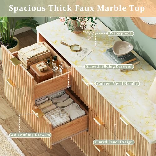 Image of HUAHUU Fluted Dresser for Bedroom with 7 Drawers, 53 inch Wide Mid Century Modern Dressers with Faux Marble Top & Metal Handle, Wooden Chest of Drawers TV Stand, Natural Oak
