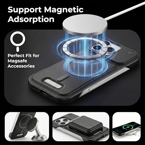 Image of Frameless Metal Case Compatible with MagSafe Luxury Aluminum Frame with PU Leather Finish Magnetic Ring with Wireless Charging Shockproof Premium Slim Case (Black, iPhone 14 PRO MAX)
