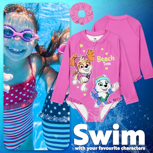 Paw Patrol Girls Swimsuit Long Sleeve Pink One Piece Bathing Suit for Girls with Scrunchie3
