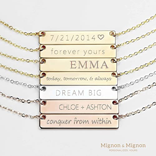 MignonandMignon Custom Engraved Name Bar Necklace, Personalized Jewelry for Women, Coordinates, Names, Dates, Bridesmaid, Engagement, Gift for Her – 4N4