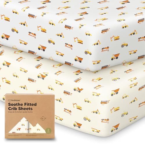Image of 2pk Organic Cotton Crib Sheets for Boy Girl 52x28 (Construction) | Fitted Crib Mattress Sheet Neutral, Breathable Cover for Baby Bed Set, Toddler Mattress, Soft & Cute Prints