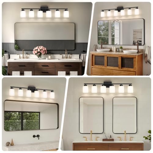 Image of FonmYim Black Bathroom Light Fixtures, 6-Light Modern Vanity Light Over Mirror, Wall Sconces with Milky White Frosted Glass Shades, E26 Socket (Bulbs Not Included)
