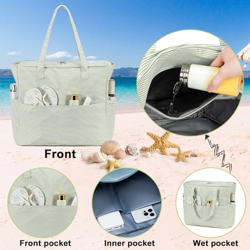 Image of Waterproof Beach Tote Pool Bags for Women Ladies Extra Large Gym Tote Carry On Bag With Wet Compartment for Weekender Travel