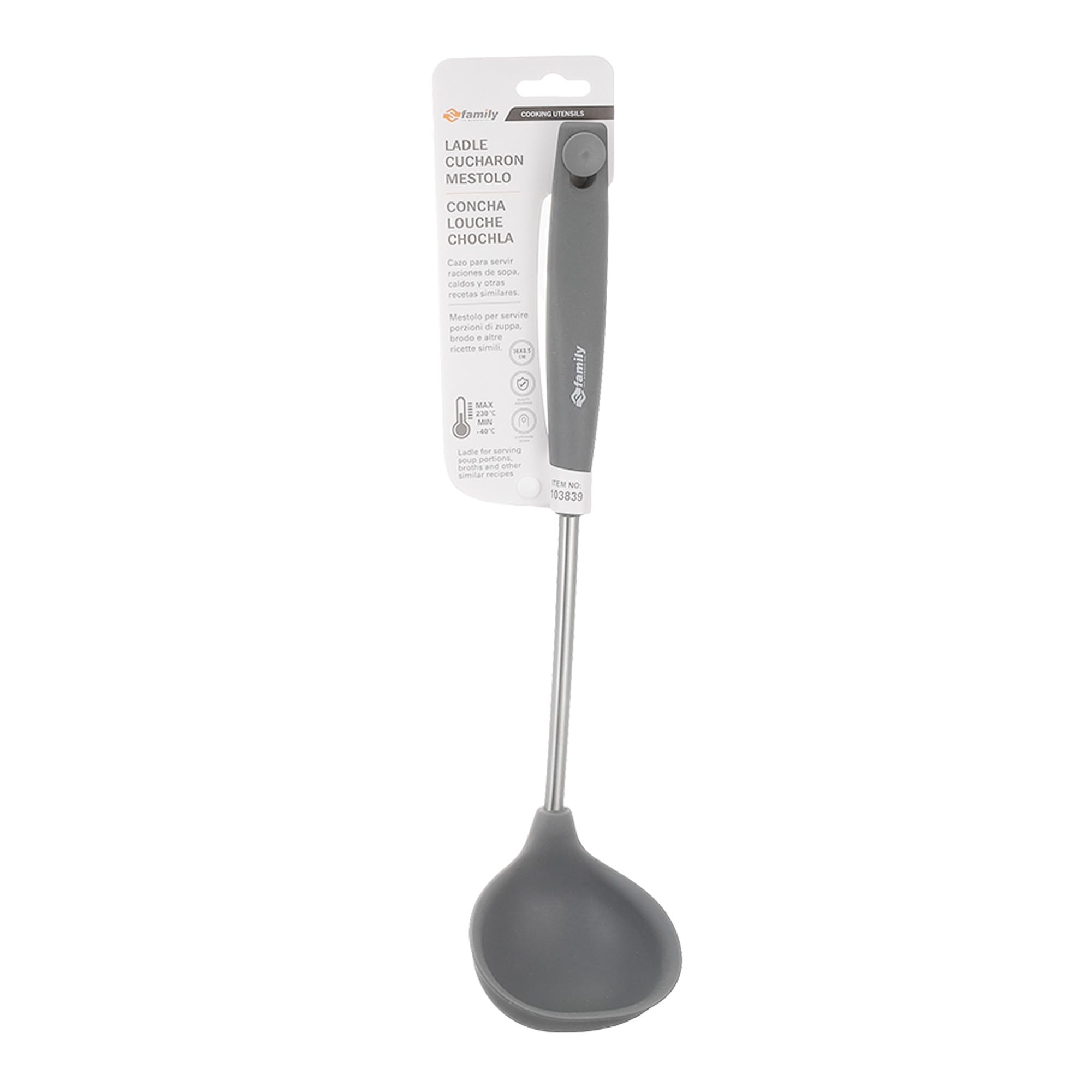 FAMILY Espumadera de Silicona para Cocina 37.5x11cm, Mango Ergonómico U de Acero Inoxidable, Resistente al Calor y Antiadherente, Perfecta para Freír, Escurrir y Servir Alimentos