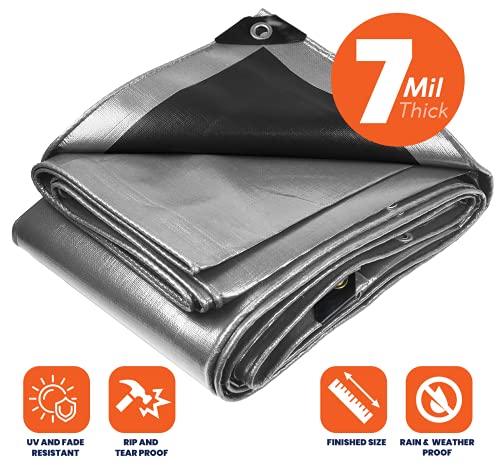 Image of Heavy Duty 7 Mil Tarp Cover, Waterproof, UV Resistant, Rip and Tear Proof, Poly Tarpaulin with Reinforced Edges for Roof, Camping, Patio, Pool Cover, Boat (Silver /Black 10′ X 12′)