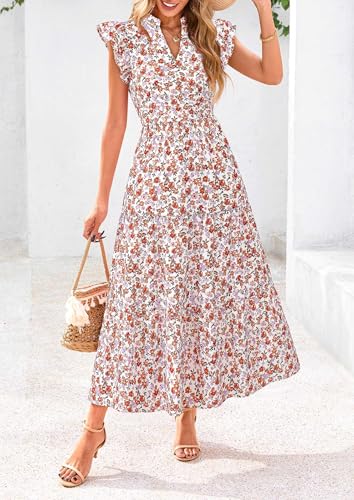 Image of PRETTYGARDEN Women's 2026 Summer Floral Midi Dress Cap Sleeve V Neck Ruffle Long Flowy Boho Casual Beach Vacation Dresses