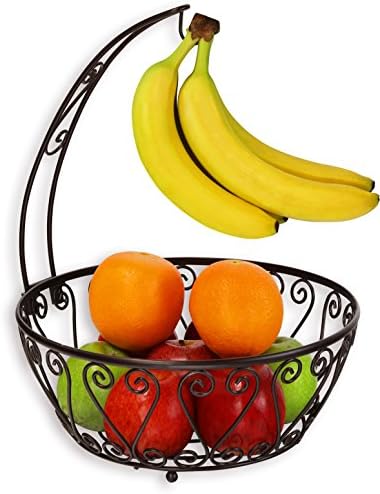 Simple Houseware Metal Fruit Basket Bowl with Banana Tree Hanger, Bronze
