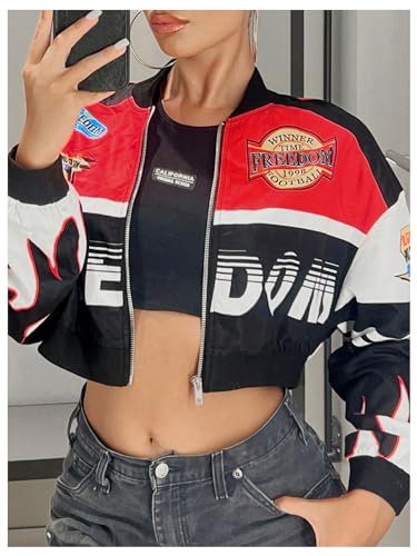 Floerns Women's Y2k Letter Graphic Zip Up Motorcycle Jacket Long Sleeve Cropped Bomber Jackets4