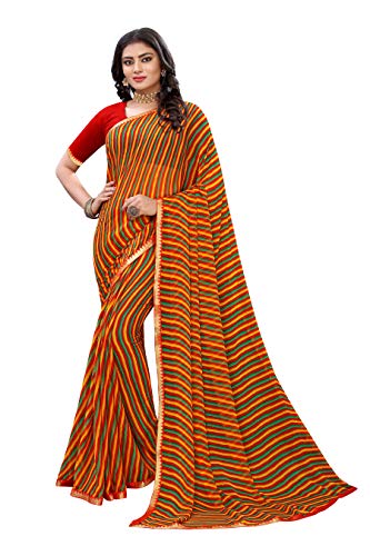 Image of AKHILAM Women's Lace Border Leheriya Chiffon Saree with Unstitched Blouse Piece(4QEN18 Parent)