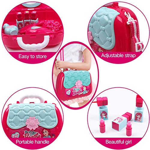 31 PCS Kids Princes Makeup Set Pretend Cosmetics Children Role Play Jewellry Kit Dress Up Kit with Carry Case Dressing Table Hair Dryer Nail Polish ToyBirthday Gif for Toddlers Girls