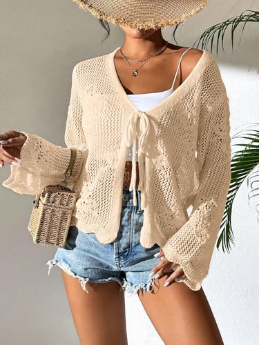 Image of Womens Tie Front Lightweight Crochet Cardigan Shrugs Knit Cardigan Crop Tops Cover Up