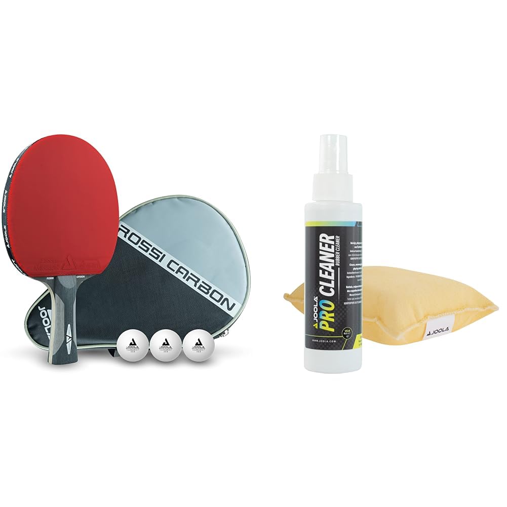 JOOLA Profi Tischtennisschläger Rosskopf Carbon & Tischtennis Rengøringssæt Pro Cleaner Tischtennis Belag Reiniger und Reinigungsschwamm, durchsichtig, 125ml EU